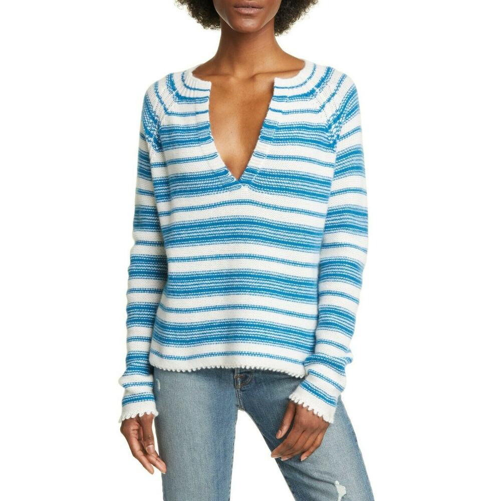 ALLUDE Womens Serafino Hand Knotted Cashmere Sweater Pullover Blue White XS